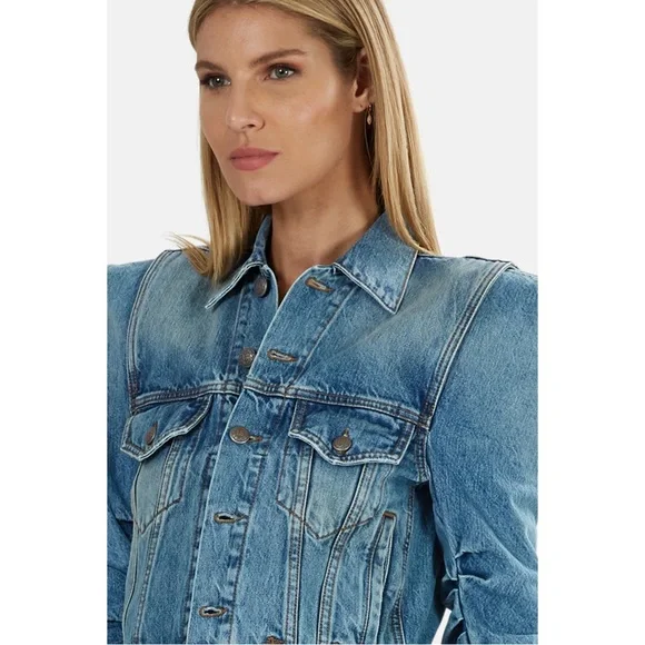 R13 Distressed Denim Jacket Structured Ruched Sleeve Jean Jacket | The Attico - Picture 9 of 13